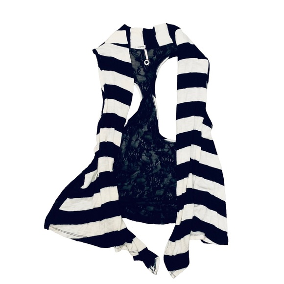 Robin K black and white stripe with lace back vest shawl cardigan size small - Picture 3 of 7